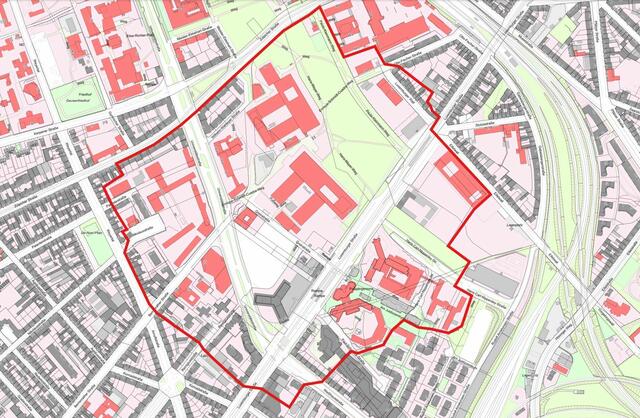 Die rote Linie auf dem Foto markiert die Evakuierungszone. | Foto: Karte: Stadt Köln