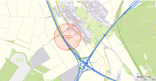 Der Fundort und der eingezeichnete Gefahrenbereich, der zunächst mit einem 400 Meter Radius gezogen wurde.
 | Foto: Foto: Stadt Erftstadt