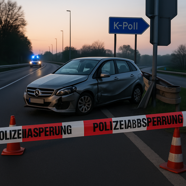 Ohne Führerschein mit fremdem Auto vor der Polizei geflüchtet. Die Fahrt endete mit einem Unfall. Symbolbild erstellt mit Unterstützung von OpenAI / ChatGPT (KI-generiert, kein reales Foto). | Foto: KI-generiert mit ChatGPT
