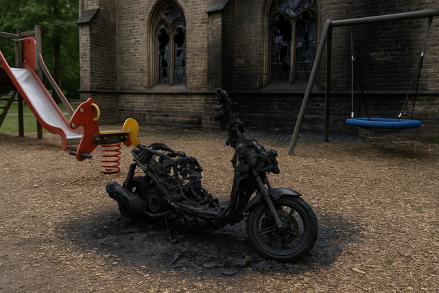 Ein gestohlener Roller ging auf einem Spielplatz an einer Kirche in Flammen auf. Der Schaden ist immens. Symbolbild erstellt mit Unterstützung von OpenAI / ChatGPT (KI-generiert, kein reales Foto). | Foto: KI-generiert mit ChatGPT