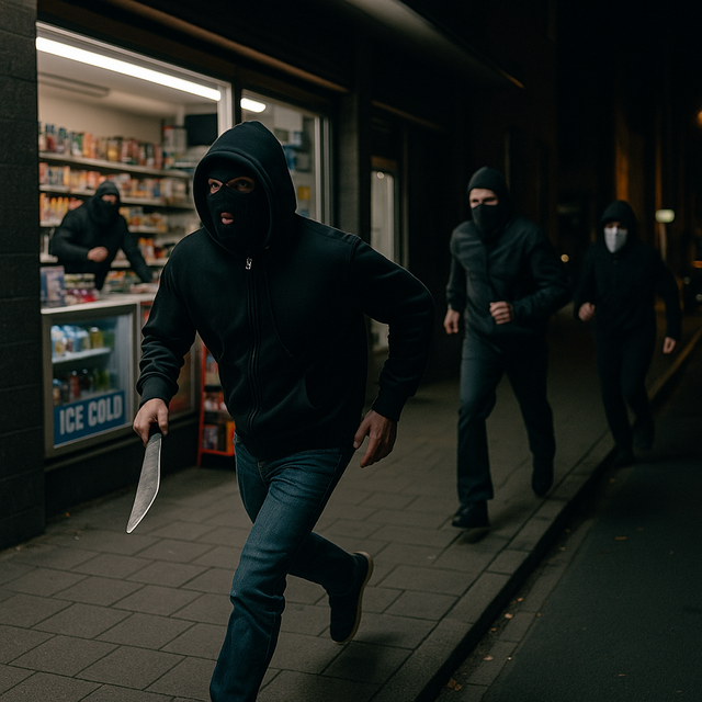 Mit Machete und Reizgas versuchte eine Gruppe von Tätern einen Kiosk zu überfallen, doch die Rechnung hatten sie ohne den Inhaber gemacht. Symbolbild erstellt mit Unterstützung von OpenAI / ChatGPT (KI-generiert, kein reales Foto). | Foto: KI-generiert mit ChatGPT