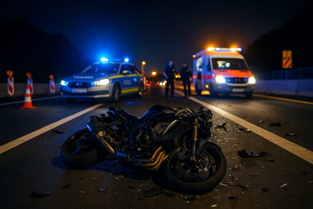 Ein leichtbekleideter Biker fährt im Baustellenbereich auf ein vorausfahrendes Fahrzeug aus und wird schwer verletzt. Symbolbild KI-generiert, kein echtes Foto. | Foto: KI-generiert mit ChatGPT/OpenAI