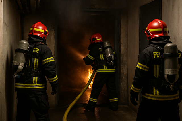 Feuerwehrkräfte versuchen einen Kellerbrand zu löschen. Symbolbild KI-generiert, kein echtes Foto. | Foto: KI-generiert mit ChatGPT/OpenAI