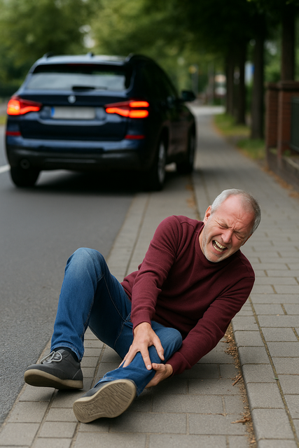 Ein SUV fährt einem Mann über den Fuß und entfernt sich. Symbolbild KI-generiert, kein echtes Foto. | Foto: KI-generiert mit ChatGPT/OpenAI