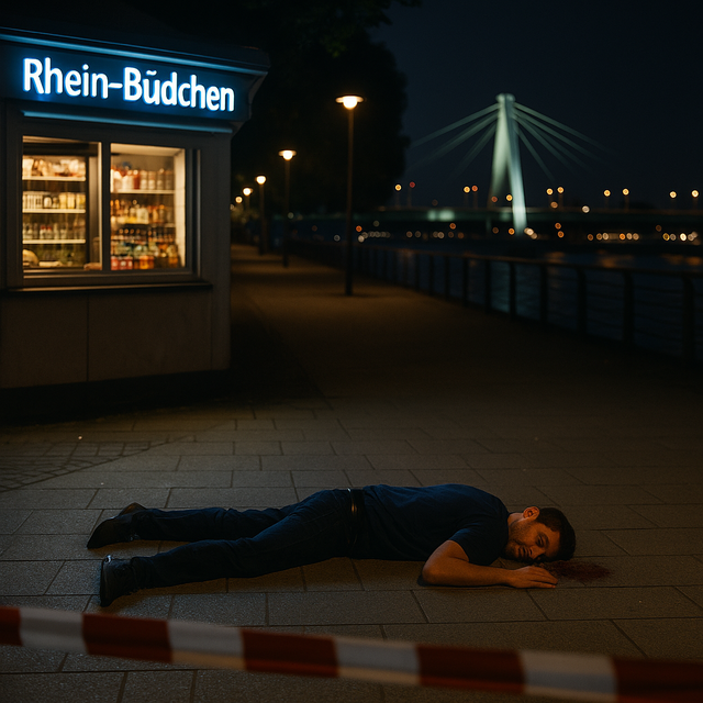 Ein 29-Jähriger wurde mit schwersten Kopfverletzungen vorm „Rhein-Büdchen“ gefunden. Nun sucht die Polizei Zeugen. Symbolbild KI-generiert, kein echtes Foto. | Foto: KI-generiert mit ChatGPT/OpenAI