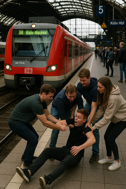 Gerade noch rechtzeitig vor der einfahrenden S-Bahn kann der Mann aus dem Gleisbett gerettet werden. Symbolbild KI-generiert, kein echtes Foto.
 | Foto: KI-generiert mit ChatGPT/OpenAI