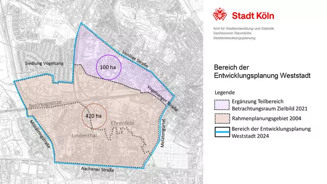 Das Bild zeigt eine Karte auf dem der Bereich der Entwicklungsplanung Weststadt eingezeichnet ist. Die Wetststadt liegt in den linksrheinischen Stadtbezirken Lindenthal und Ehrenfeld. Das Gebiet umfasst rund 500 Hektar zwischen Militärring, Aachener Straße, Melatengürtel und Venloer Straße.  | Foto:  Stadt Köln