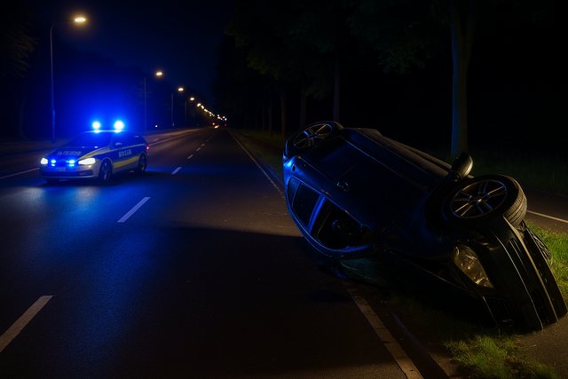 Die Polizei sichert eine nächtliche Unfallstelle ab. Symbolbild KI-generiert, kein echtes Foto. | Foto: KI-generiert mit ChatGPT/OpenAI