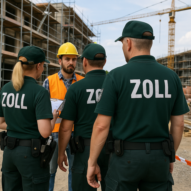 Zollbeamten kontrollieren auf einer Baustelle. Symbolbild KI-generiert, kein echtes Foto. | Foto: KI-generiert mit ChatGPT/OpenAI