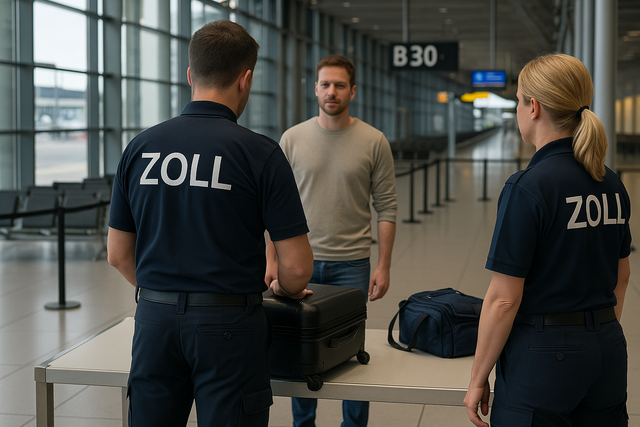 Zu den Aufgaben des Zolls gehört es auch Reisende zu kontrollieren. Symbolbild KI-generiert, kein echtes Foto. | Foto: KI-generiert mit ChatGPT/OpenAI