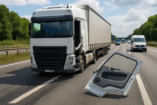 Ein Lkw-Fahrer stoppte seinen Brummi auf dem Standstreifen und stand hinter der geöffneten Tür, als er von einem Transporter erfasst wurde. Symbolbild KI-generiert, kein echtes Foto. | Foto: KI-generiert mit ChatGPT/OpenAI