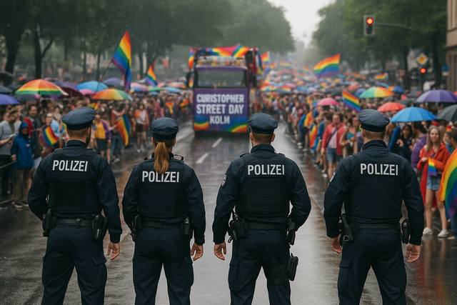 Polizeikräfte am Zugweg beim CSD in Köln. Symbolbild KI-generiert, kein echtes Foto. | Foto: KI-generiert mit ChatGPT/OpenAI