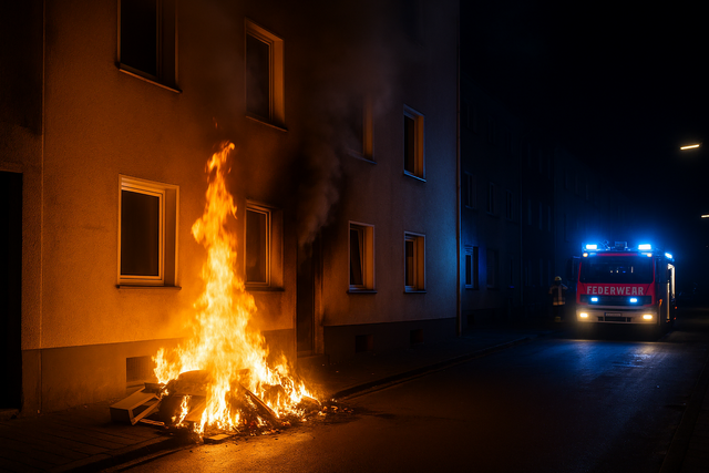 Vor einem Wohnhaus brennt ein Haufen Sperrmüll. Symbolbild KI-generiert, kein echtes Foto. | Foto:  KI-generiert mit ChatGPT/OpenAI