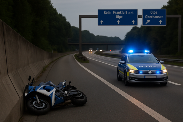 Ein 69-jähriger Motorradfahrer krachte mit seinem Motorrad gegen eine Betonwand und stürzte auf die Fahrbahn. Symbolbild KI-generiert, kein echtes Foto. | Foto: KI-generiert mit ChatGPT/OpenAI