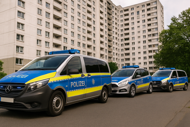 Die Polizei rückte aufgrund eines Familienstreits, bei dem auch eine Schusswaffe gezückt wurde, mit zehn Einsatzfahrzeugen aus. Symbolbild KI-generiert, kein echtes Foto. | Foto: KI-generiert mit ChatGPT/OpenAI