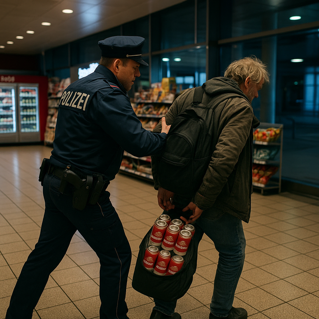 Ein Obdachloser wollte 48 Dosen Vodka ohne zu bezahlen aus einem Supermarkt im Kölner Hauptbahnhof mitnehmen. Ein Ladendedektiv meldete dies der Bundespolizei. Symbolbild KI-generiert, kein echtes Foto. | Foto: KI-generiert mit ChatGPT/OpenAI