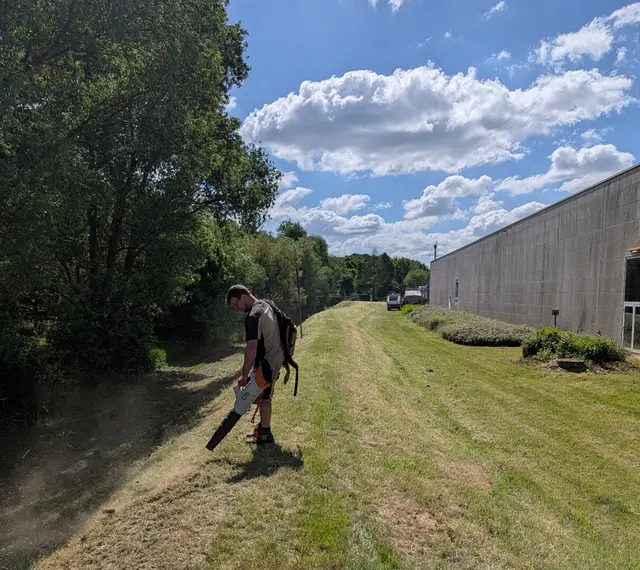 Deichpflege im Industriegebiet Scharrenbroich: Durch die regelmäßige Mahd und manuelle Entfernung des Springkrauts wird der Grasbewuchs gefördert. Foto: Stadt Rösrath