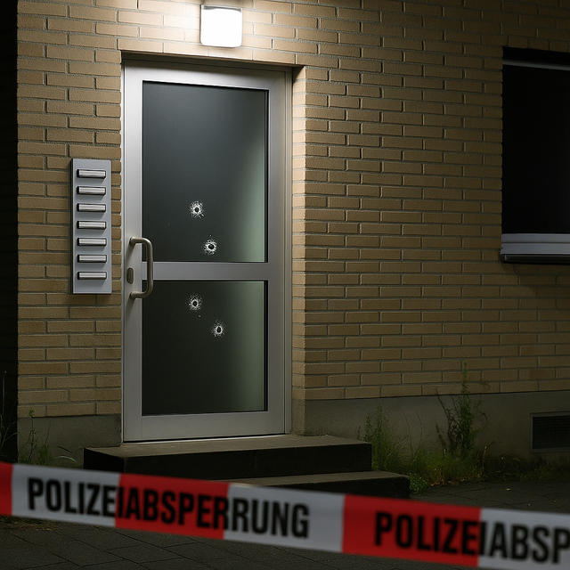 Vier Einschusslöcher hat der Täter im Eingangsbereich eines Mehrfamilienhauses hinterlassen. Nun sucht die Polizei nach ihm. Symbolbild KI-generiert, kein echtes Foto. | Foto: KI-generiert mit ChatGPT/OpenAI