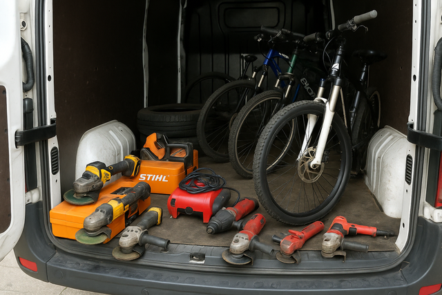 Werkzeuge und hochwertige Fahrräder fanden sich im Laderaum eines weißen Transporters. Symbolbild KI-generiert, kein echtes Foto. | Foto: KI-generiert mit ChatGPT/OpenAI