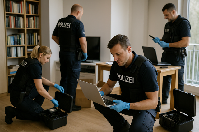 Polizisten sichern Beweismittel. Symbolbild KI-generiert, kein echtes Foto. | Foto: KI-generiert mit ChatGPT/OpenAI