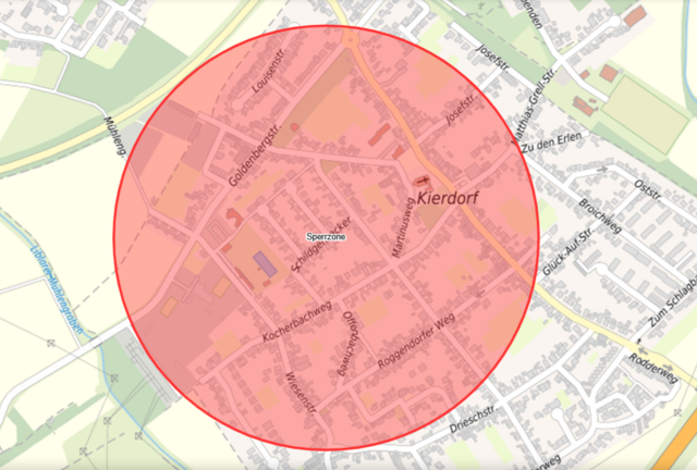 Der  Evakuierungsradius rund um den Fundort an der Beethovenstraße.
 | Foto: Geoportal/Stadt Erftstadt