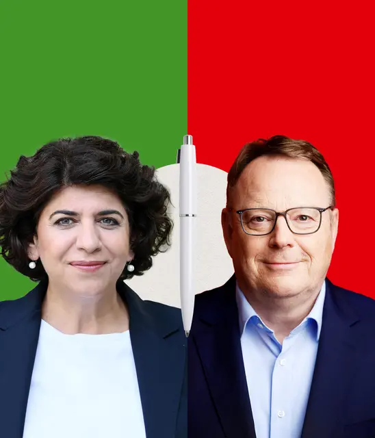 Berivan Aymaz und Torsten Burmester beim Bierdeckel-Duell. | Foto: Bündnis 90/DIE GRÜNEN Köln/Jennifer Fey; SPD Köln; Montage: EXPRESS - Die Woche