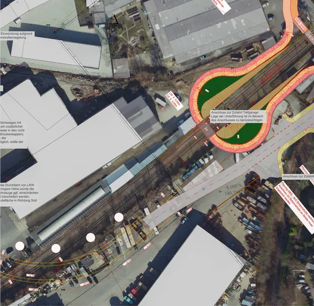 Konzeption der Unterführung für Radfahrende und Fußgänger (r.) und Straße, Rampe und Teile der Brücke für den Straßenverkehr (l.). Visualisierung: Stadt Bergisch Gladbach/ Repro: Axel König