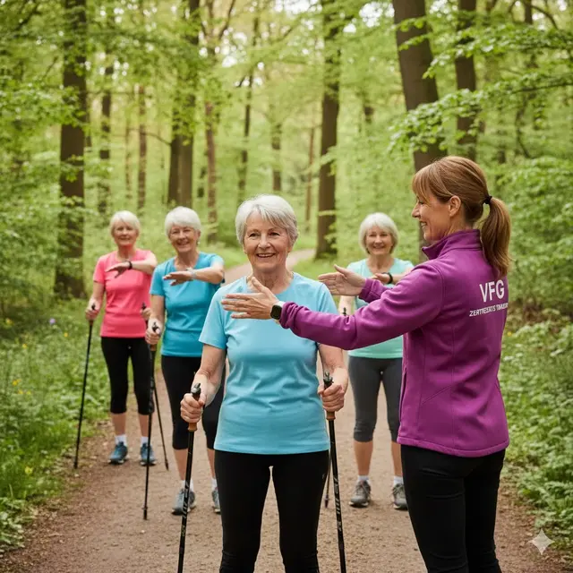 Präzision und Sicherheit im Fokus: Beim VFG Meckenheim lernen Teilnehmer die wissenschaftlich korrekte Nordic Walking-Technik von geschulten Trainer*innen, um die kognitiven und stärkenden Vorteile voll auszuschöpfen und Gelenkbelastungen zu vermeiden. | Foto: VFG Meckenheim