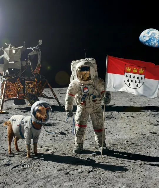 Zugegeben, da ist die KI ein wenig mit uns durchgegangen. So würde „Astro-Alex“ sicherlich nicht über den Mond spazieren (aber schön wäre es schon). 
 | Foto:  KI/Google Gemini 3