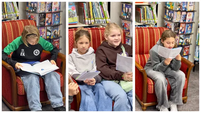 Foto: Elias K., Lea K., Greta M. und Dalia Ö. (v.l.n.r.) lesen berührende Geschichten aus aller Welt, Foto LC Bergische Löwinnen