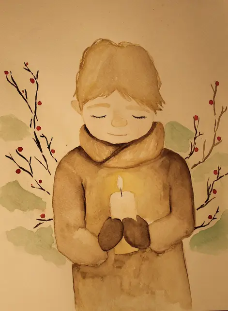 Charlotte schreibt uns: Ich fand eure Idee so schön und dachte mir, warum soll ich nicht mitmachen, da ich nächstes Jahr ja nicht mehr mitmachen darf. Also habe ich mir überlegt was ich den für ein Bild malen könnte. Ich bin zu dem Schluss gekommen das ich etwas malen wollte was Ruhe und Wärme ausstrahlt und sich gleichzeitig nicht auf Religion, Herkunft oder Geschenke (in meinen Augen würde es einige Menschen vielleicht traurig machen, ein Bild von Geschenken zu sehen wenn sie nicht das Budget für Geschenke haben) bezieht. Denn Weihnachten sollte nach meiner Meinung nach jedem mindestens ein kleines Lächeln aufs Gesicht zaubern. Deshalb habe ich mich dazu entschieden einen kleinen Jungen, winterlich angezogen, mit einer Kerze in den Händen zu malen. Das Bild habe ich mit Aquarell Farben gemalt. Ich finde, es strahlt Geborgenheit, Licht und Ruhe aus und sieht auch noch weihnachtlich aus. Ich hoffe, ihr findet das Bild genauso schön wie ich und wünsche euch eine schöne Adventszeit. | Foto: Charlotte Kunze, 14 Jahre, aus Sankt Augustin