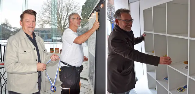 Anfang der Woche machten sich Museumsleiter Klaus Gutowski (li) und Hausmeister Dieter Etzweiler im Keramion  und Regionalleiter Marc-Steffen Bonte von der Kreissparkasse Köln im  Schaufenster des leerstehenden ehemaligen Schuhauses Nagel, an die Arbeit, um die aktuellen Sessionsorden des Frechener Karnevals angemessen zu präsentieren.  | Foto: Lars Kindermann