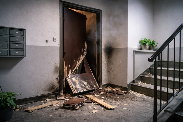 Eine beschädigte Wohnungstür in einem Mehrfamilienhaus. Das Bild zeigt nicht den Tatort. Symbolbild KI-generiert, kein echtes Foto.  | Foto: KI-generiert mit ChatGPT/OpenAI