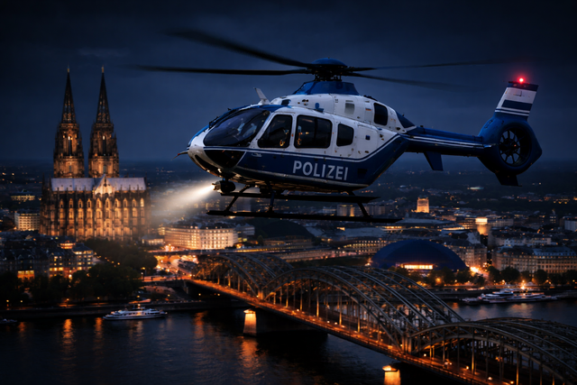 Ein Polizeihubschrauber am nächtlichen Himmel. Symbolbild KI-generiert, kein echtes Foto. | Foto: KI-generiert mit ChatGPT/OpenAI