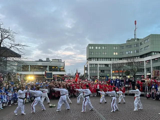 Sankt Augustiner Kampfsportler verteidigen das Rathaus. Im Hintergrund die Karnevalsvereine mit den Tollitäten auf der Bühne. | Foto: Stadt Sankt Augustin