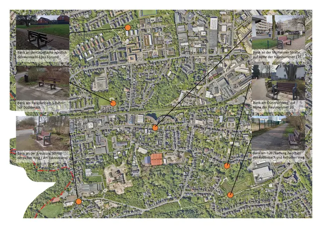 Karte mit den Standorten der neuen Bänke. Grafik: Stadt Bergisch Gladbach