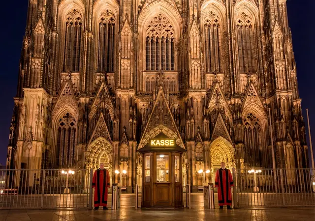 Auf unserer Fotomontage bewachen zwei einsame Domschweitzer das Kassenhäuschen vor dem Kölner Dom am Abend.  | Foto: KaiSchneiders - stock.adobe.com / Montage mit Hilfe von KI erstellt