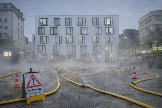 So oder so ähnlich könnte es bald im Sommer auf dem Maternusplatz in Rodenkirchen aussehen, wenn mobile Wasserschläuche dort für Kühlung sorgen. Die FDP/KSG-Fraktion sieht so eine Lösung (Cooling Cologne) kritisch. | Foto: Frei von Rechten Dritter