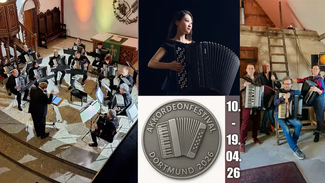Collage zum 1. Akkordeon-Festival Dortmund: Akkordeon Orchester Altenessen, Yilin Han, "One Voice. Three Accordions!" | Foto: Miroslaw Tybora/Collage: Anita Brandtstäter