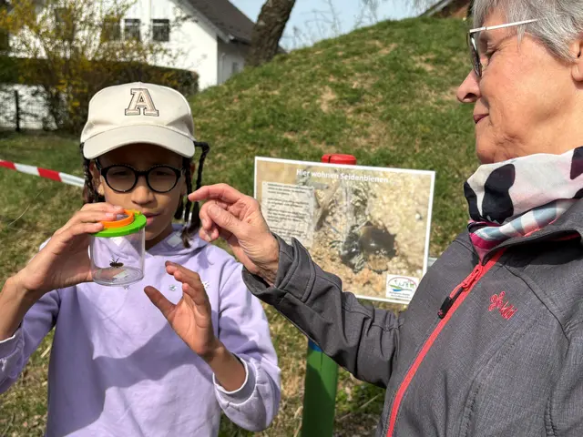Ortsbürgermeisterin Anne Keller beobachtet mit den Kindern aus der Rochusschule die Seidenbienen auf dem Spielplatz Honiggasse | Foto: Andrea Floß