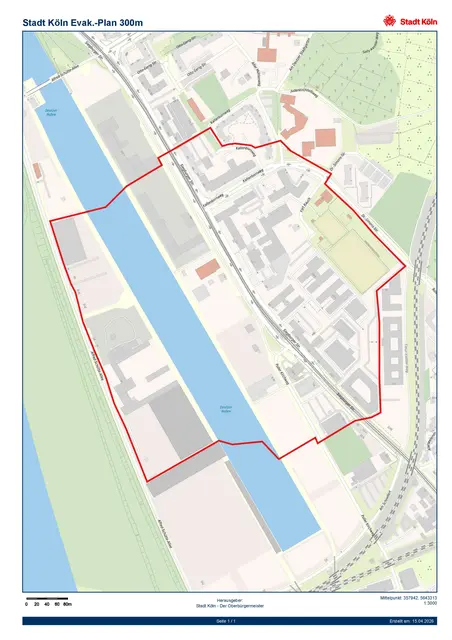 Der Evakuierungsradius ist rot markiert. | Foto: Stadt Köln