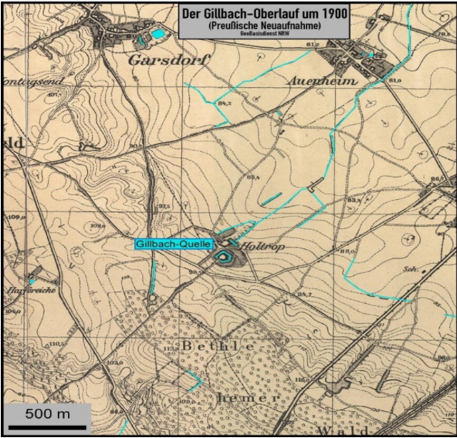 Diese Karte aus vorindustrieller Zeit um 1900 zeigt das ursprüngliche Quellgebiet des Gillbachs im Bethlehemer Wald bei Oberaußem, das dem Tagebau zum Opfer fiel. Seitdem speist sich das Gewässer nur aus Kühlwasser aus dem Kraftwerk Niederaußem. | Foto: Präsentation Gillbach-Initiative