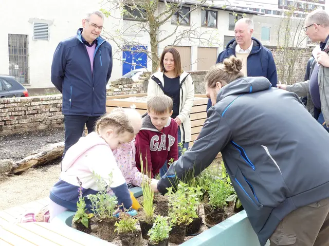 Aufmerksam beobachtet von Bürgermeister Stefan Rosemann und Kita-Leiterin Heike Weber (1. und 2. von links) pflanzten die Kinder mit Torben Schmitz insektenfreundliche Stauden ein. | Foto: Gast