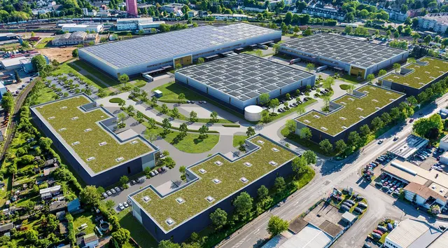 So soll das neue Renault-Logistikzentrum aussehen (hinteres Objekt mit der blauen Fassade). | Foto: Visualisierung GLP