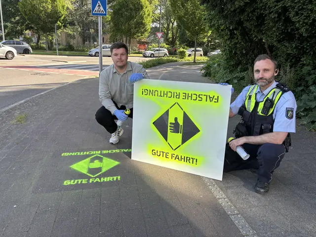 Hier geht es lang: Tobias Scheibe vom Fachbereich Mobilität und Klimaschutz und Polizeihauptkommissar Matthias Blasius (r..) zeigen die richtige Fahrtrichtung. Foto: Stadt Leverkusen