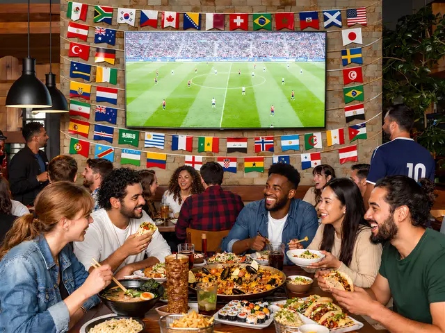 Sich beim Essen mit Gleichgesinnten über die Fußball-WM auszutauschen, macht vielen Menschen großen Spaß. | Foto: Mithilfe von KI erstellt