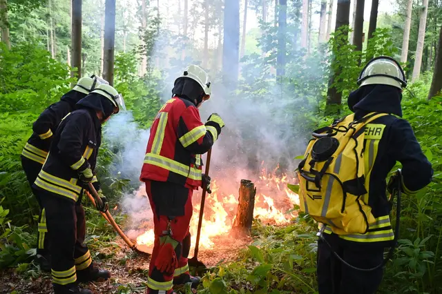 Wie löscht man einen Waldbrand? Bei einer Übung in Leichlingen probten Einsatzkräfte der Feuerwehr für den Ernstfall. Foto: Michael Gauger