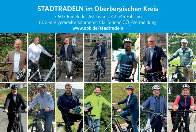 Der Oberbergische Kreis und die Kommunen, die gemeinsam am STADTRADELN 2026 teilgenommen haben, freuen sich über die guten Ergebnisse. | Foto: Grafik: OBK/ Fotos: OBK, Kommunen des OBK