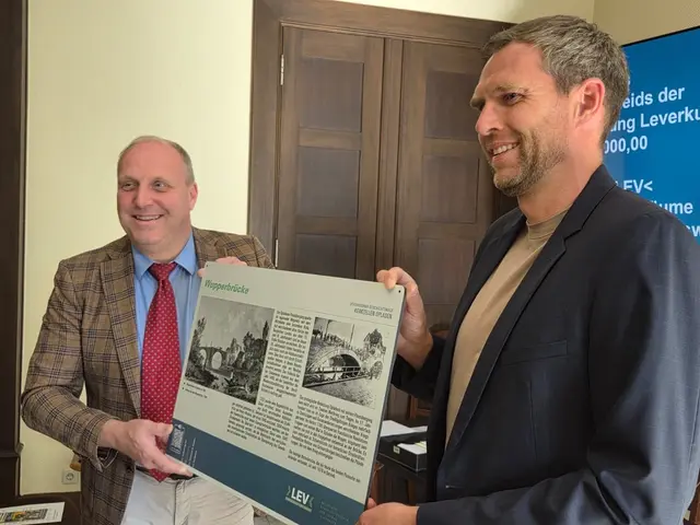 Manuel Bast (l.), Geschäftsführer der Bürgerstiftung Leverkusen, und Michael D. Gutbier (r.), 1. Vorsitzender des Opladener Geschichtsvereins von 1979 e.V., präsentieren ein Schild der Leverkusener Geschichtswege. Foto: OGV