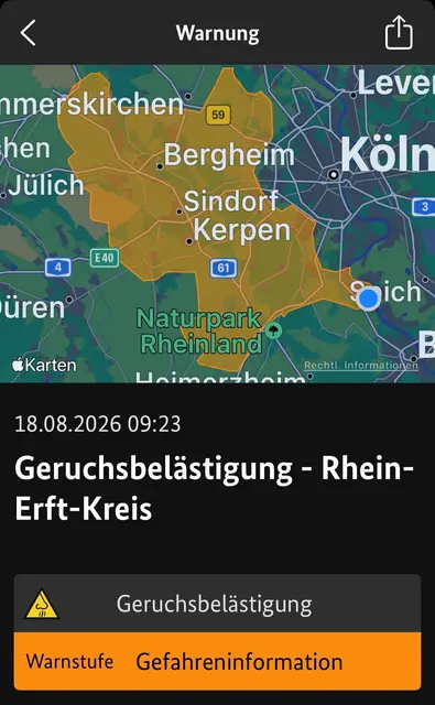 Die Warn-App NINA informierte am Dienstagmorgen über eine Geruchsbelästigung im Rhein-Erft-Kreis infolge eines Brandereignisses im Hohen Venn in Belgien.  | Foto: Screenshot: Montserrat Manke/Quelle NINA Warn-App